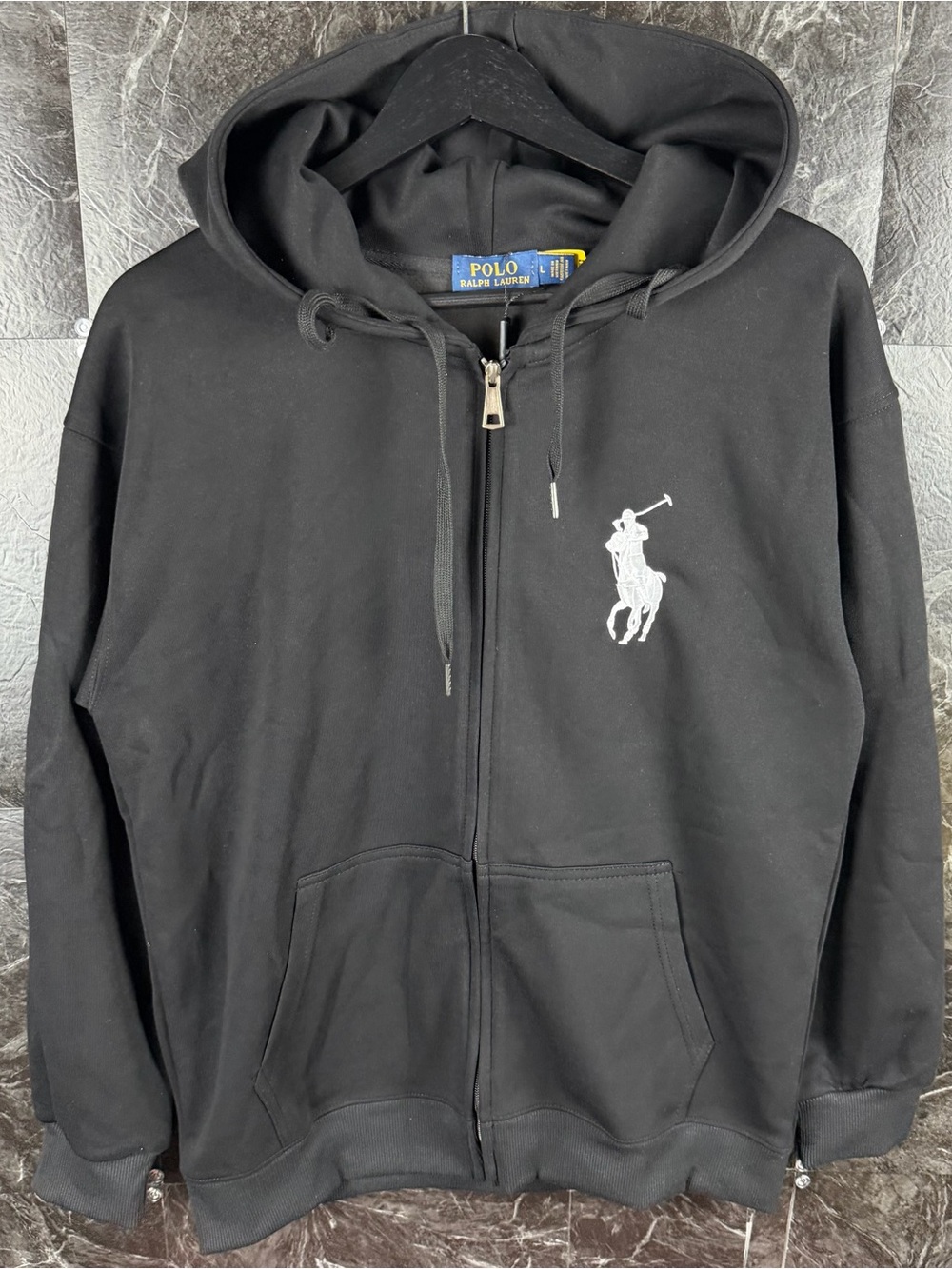 Polo Ralph Lauren Black Knit Big Pony Fleece Zip Hoodie Large